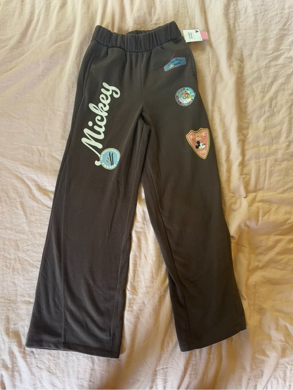 Grayson Threads Black Boot Cut Pants with Mickey & Patch Details